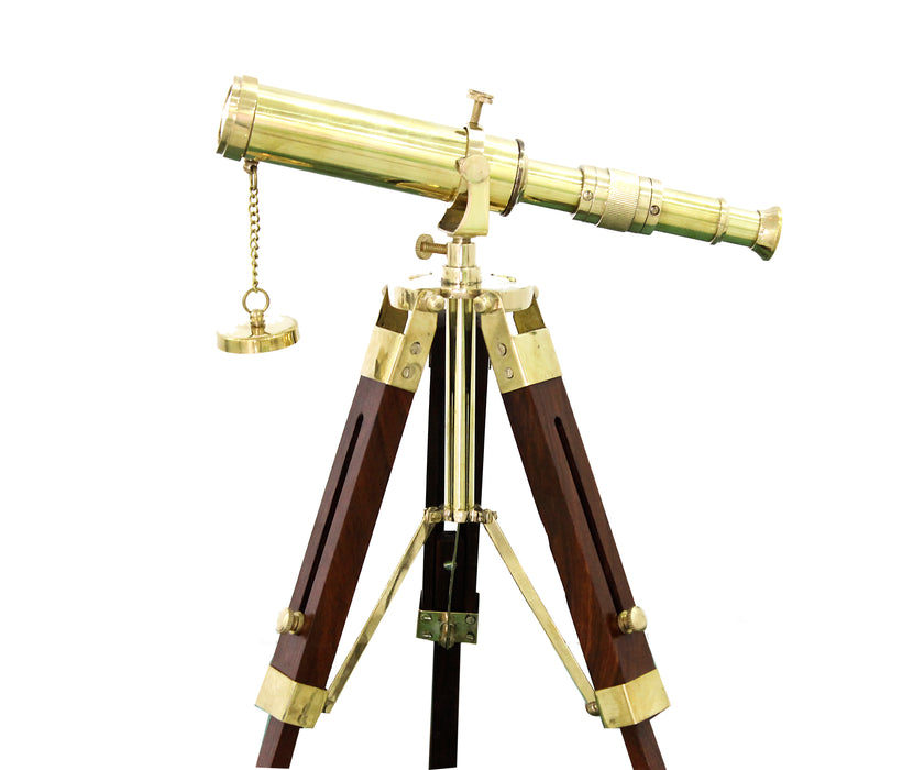 Antique Handmade Tripod Telescope Desktop Decorative Shiny Brass Wooden Stand