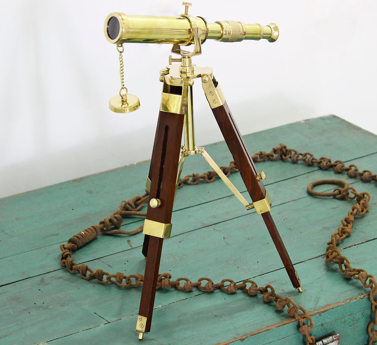 Antique Handmade Tripod Telescope Desktop Decorative Shiny Brass Wooden Stand