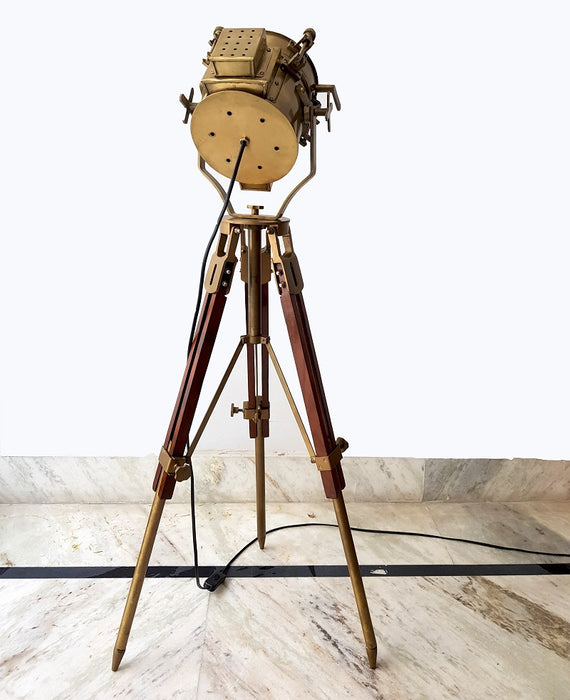 Vintage Antique Hollywood Theater Marine Searchlight Nautical Wooden Brown Tripod Handmade Brass Floor Lamp Retro Spotlight - Home Decoration LED Lamps