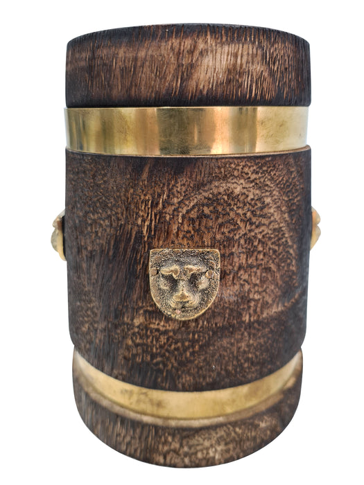 Vintage Style Medieval Inspired Wooden Beer Mug/Stein Brass Barrel Design With Embossed Metal Lion Wood Tankard