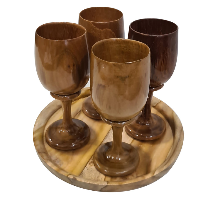 Round Wood Shot Glass Chalice Tray Rustic Wooden Goblet Cup Wooden Serving Tray Vintage Handmade Wooden Wine Glasses Set of 4