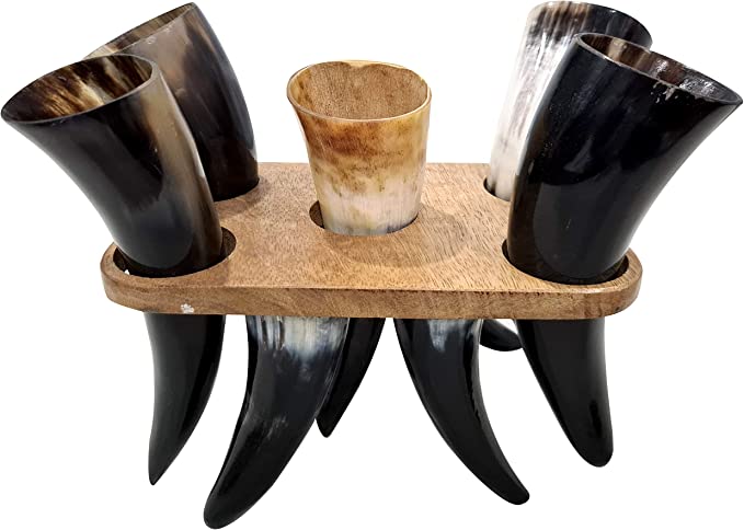 Set of 5 Authentic Ceremonial Viking Drinking Horn With Holder Ancient Beer Vessel Chalices