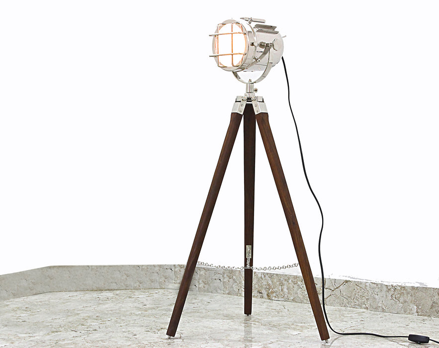 Hollywood Style Studio Floor Lamp Decorative Tripod Spotlight Nickel Chrome Silver Polished and Brown Tripod