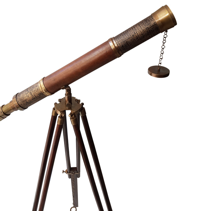 Antique Nautical Floor Standing Brass Telescope Brown Leather Wooden Adjustable Marine Scope