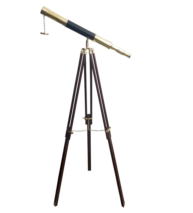 Brass Telescope with Wooden Tripod 55" Shiny Leather Sheathed Vintage Stand Nautical Floor Standing Decor