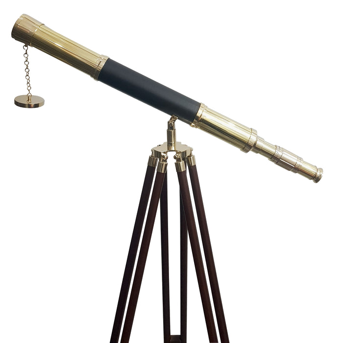 Brass Telescope with Wooden Tripod 55" Shiny Leather Sheathed Vintage Stand Nautical Floor Standing Decor