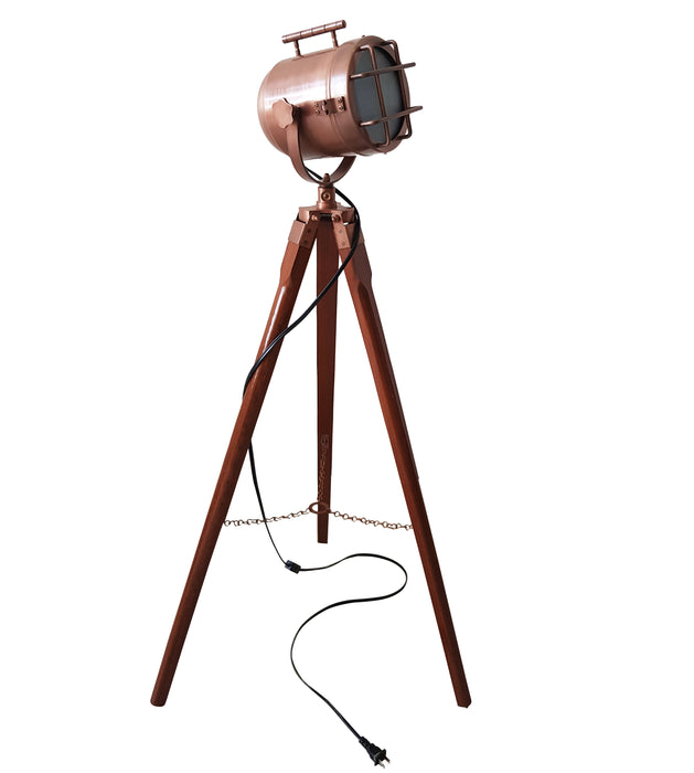 collectiblesBuy Vintage Searchlight Floor Lamp Studio Spotlight Wooden Tripod Furniture Electric Corded LED Lamp Adjustable Stand Antique Copper 40" inches