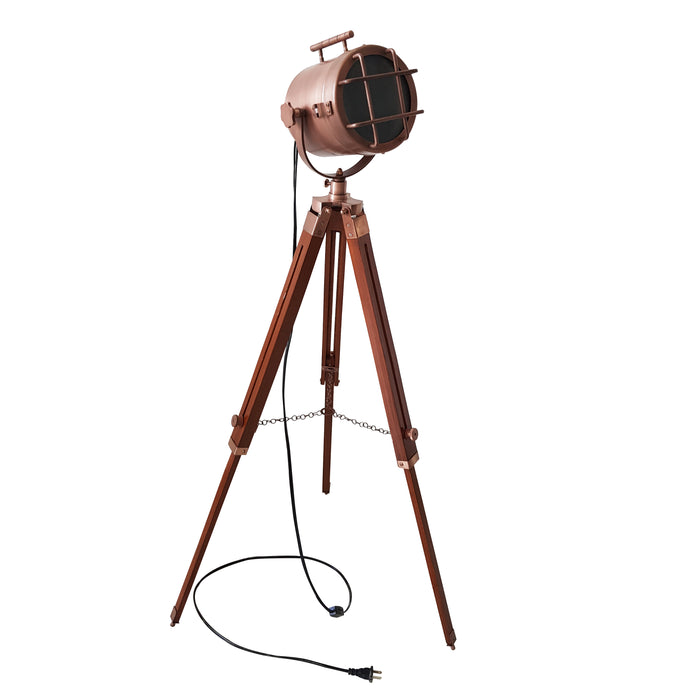 collectiblesBuy Vintage Searchlight Floor Lamp Studio Spotlight Wooden Tripod Furniture Electric Corded LED Lamp Adjustable Stand Antique Copper 40" inches
