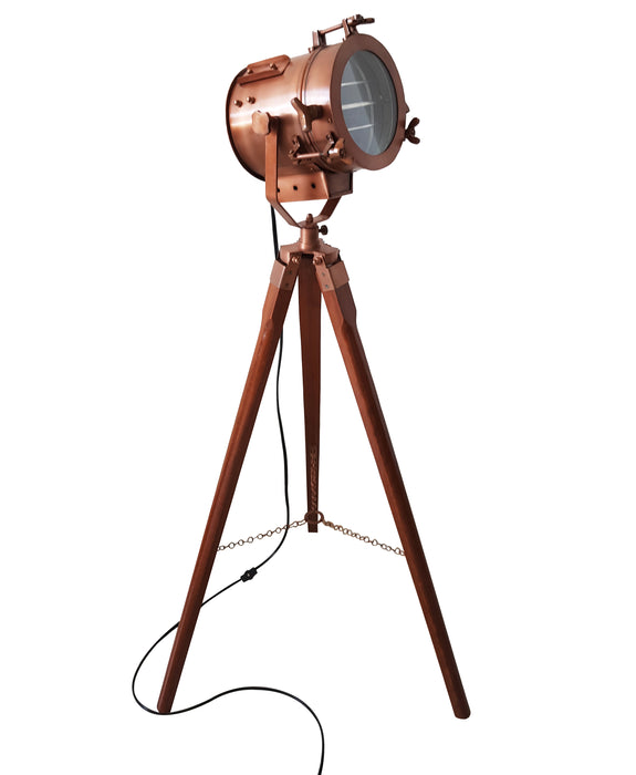 collectiblesBuy Wooden Tripod Searchlight Lamp Floor Standing Adjustable Stand LED Spotlight Home Decor Antique Vintage Copper Old Century