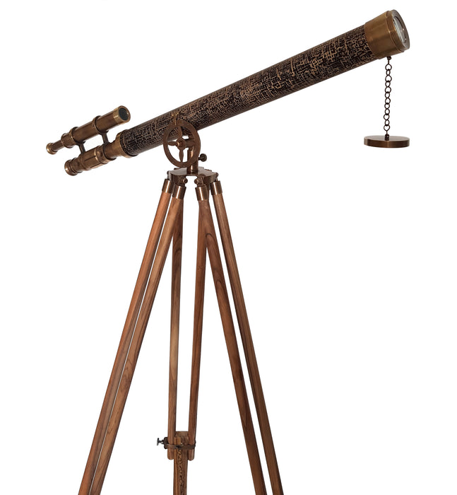 Decorative Nautical 57" Floor Standing Brass Telescope Adjustable Teak Wood Tripod Antique Leather- Harbor Master