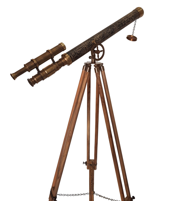 Decorative Nautical 57" Floor Standing Brass Telescope Adjustable Teak Wood Tripod Antique Leather- Harbor Master
