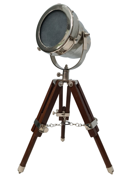 collectiblesBuy Table Lamp Brown Wooden Stand Vintage Tripod Desk Lamp Chrome Finish LED Mini Searchlight