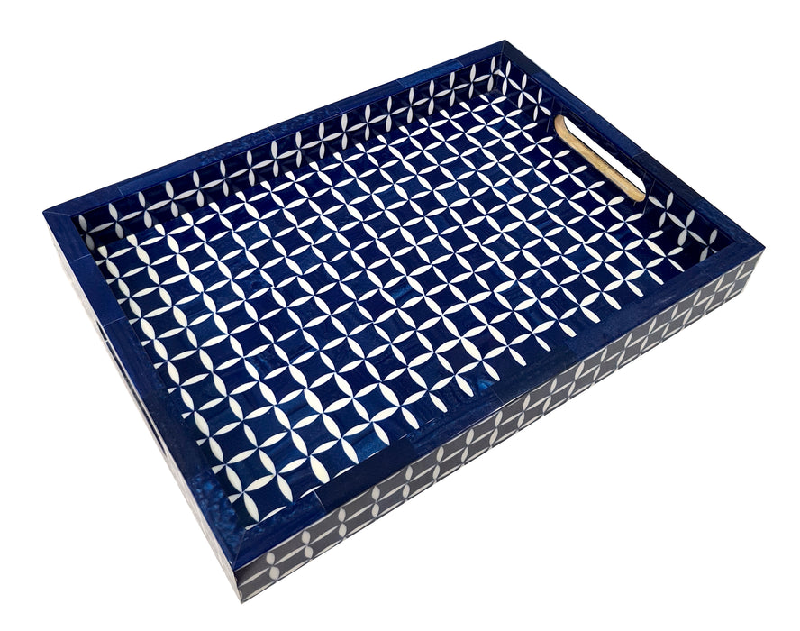 Handcrafted Designer Bone Inlay Serving Tray Multi-Purpose Rectangular Moroccan Style Centerpiece Blue