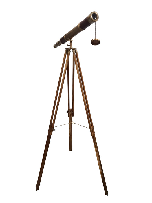 Antique Telescope Nautical Decor Wooden Adjustable Tripod Harbor Master Floor Standing Brass & Leather Texture Telescope Home Collectibles