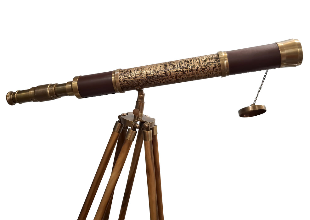 Antique Telescope Nautical Decor Wooden Adjustable Tripod Harbor Master Floor Standing Brass & Leather Texture Telescope Home Collectibles