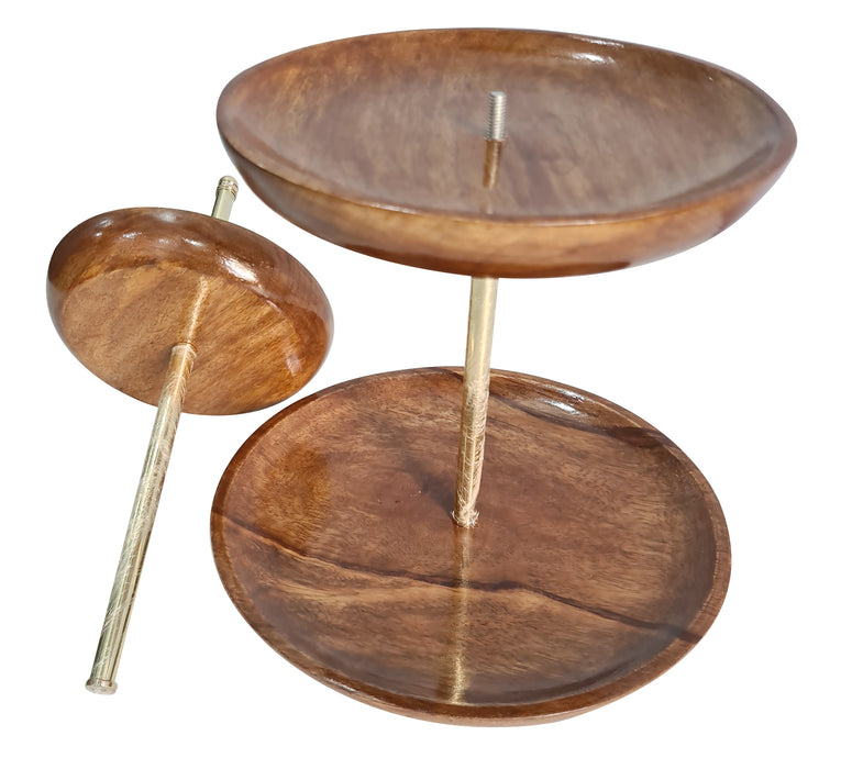 Decorative Dessert Cupcake Stand for Tea Party Serving Platter 3 Tier Handcrafted Wooden Cake Stand Wedding Birthday Solid Mango Wood W/Middle Brass Stick