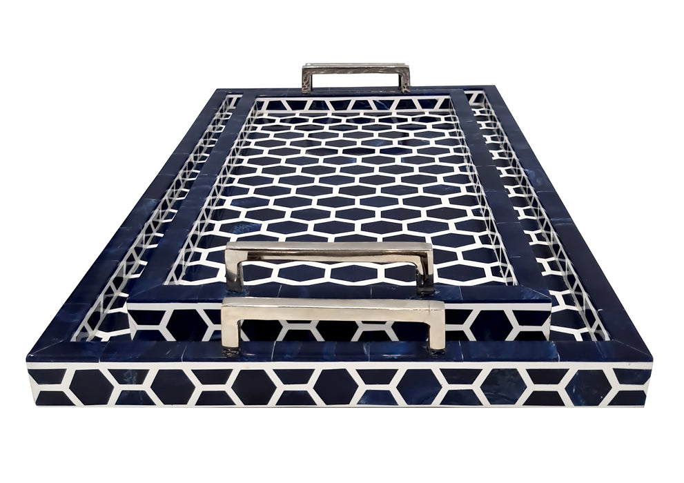 collectiblesBuy Moorish Moroccan Inspired Rectangular Quaterfoil Design Blue Bone Inlay Serving Tray Set Of 2