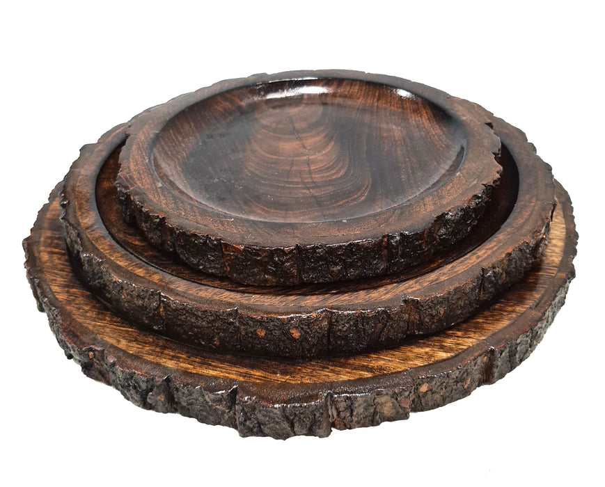 Elegant Design Hand-Carved Rustic Style Brown Round Wooden Serving Platter Tray Home & Kitchen Food Safe Tableware Dining ware Accessory Set of 3