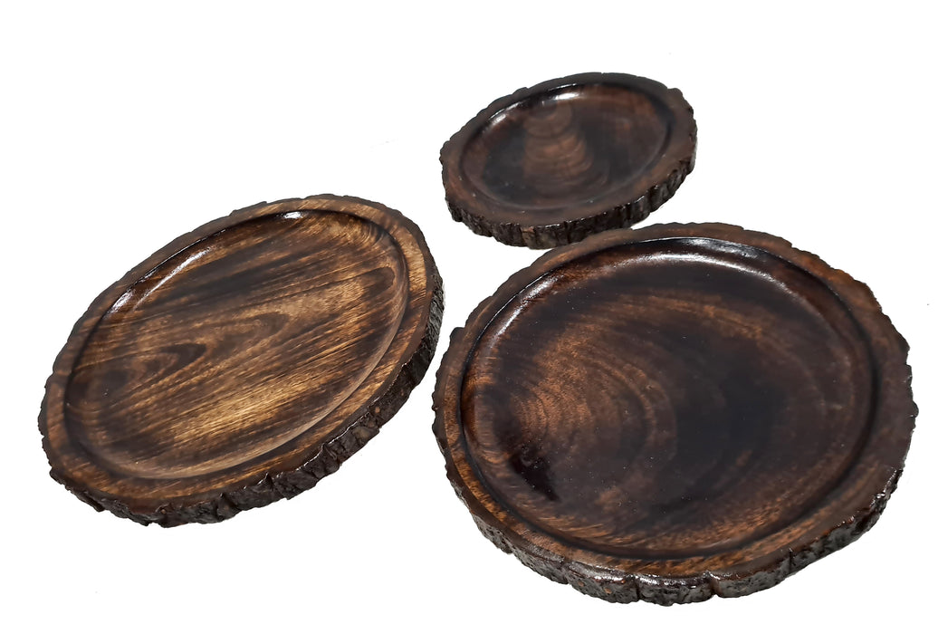 Elegant Design Hand-Carved Rustic Style Brown Round Wooden Serving Platter Tray Home & Kitchen Food Safe Tableware Dining ware Accessory Set of 3