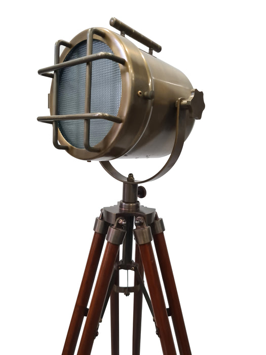 collectiblesBuy Brass Searchlight Floor LED Lamp Vintage Marine Antique Standing Adjustable Wooden Stand Theater Spotlight