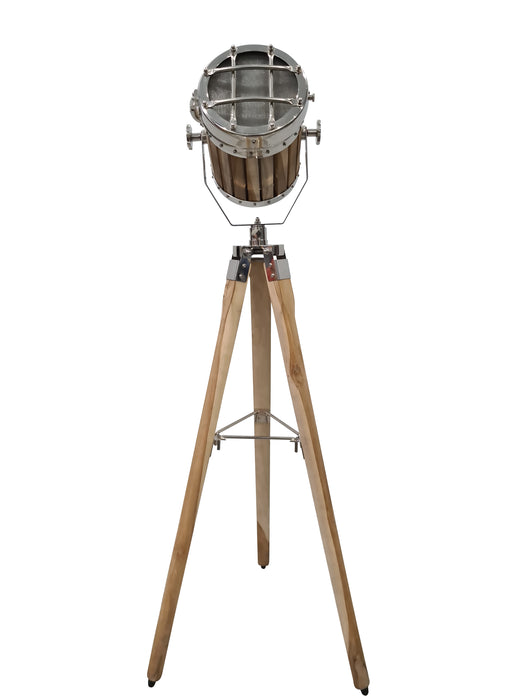 collectiblesBuy Marine Searchlight Vintage Silver Finish Brown Wood LED Tripod Floor Lamp Wooden Adjustable Stand Home & Office