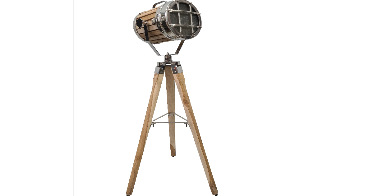 collectiblesBuy Marine Searchlight Vintage Silver Finish Brown Wood LED Tripod Floor Lamp Wooden Adjustable Stand Home & Office
