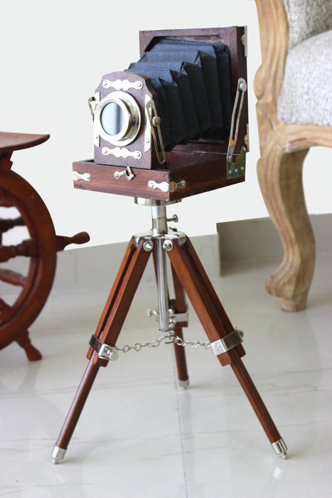 New Antique Vintage Look Film Camera Wooden Tripod Collectible Studio Gift Item Brown Color (22 Inches)