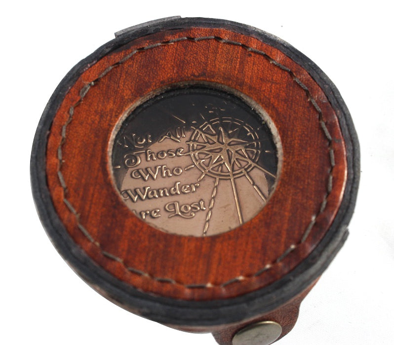 Antique Nautical Marine Magnetic Compass Engraved Quote Not All Those Who Wander are Lost Royal Collectible Vintage Navigational Instrument with Brown Leather Box