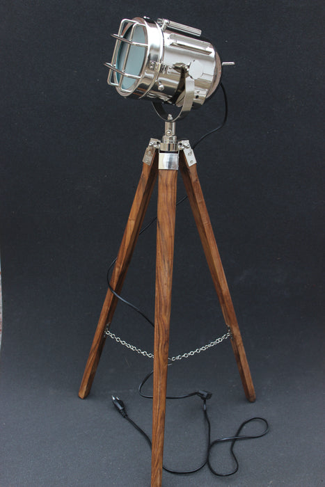 Hollywood Style Studio Floor Lamp Decorative Tripod Spotlight Nickel Chrome Silver Polished and Brown Tripod