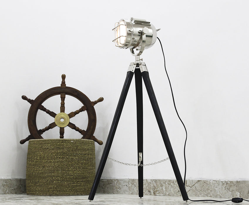 collectiblesBuy Vintage Searchlight with Black Tripod Nickel Chrome Silver Polished and Nautical Black Tripod with 3-Watt LED Bulb (E27) Maritime