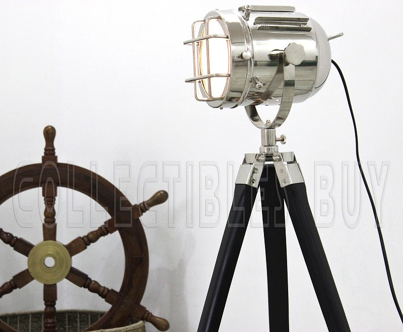 collectiblesBuy Vintage Searchlight with Black Tripod Nickel Chrome Silver Polished and Nautical Black Tripod with 3-Watt LED Bulb (E27) Maritime