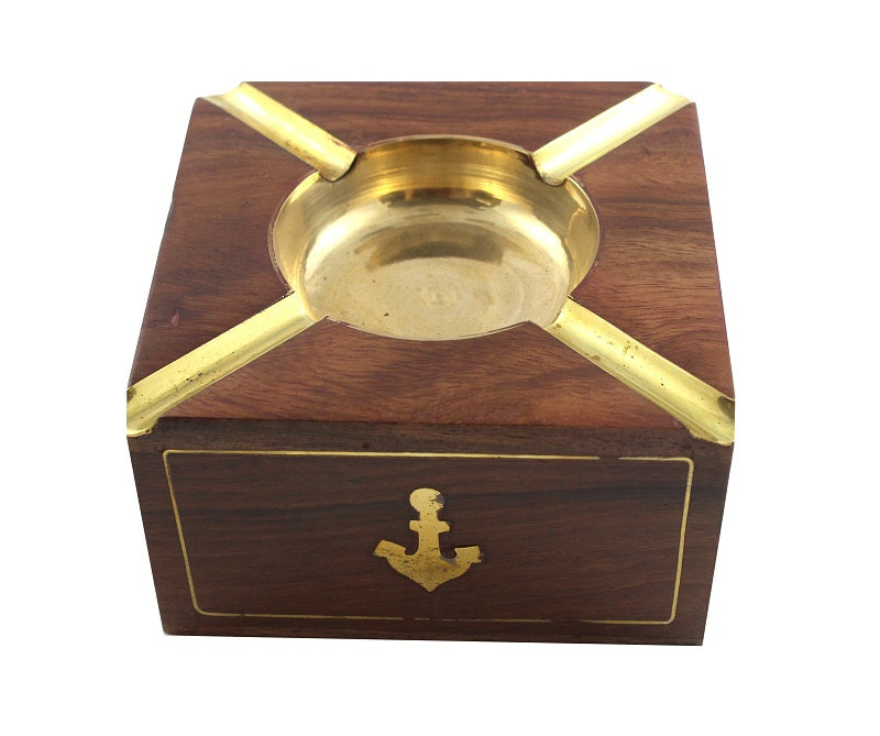 Authentic Square Cigar Ashtray Marine Crafted Royal Handmade Wooden Brass Article Nautical