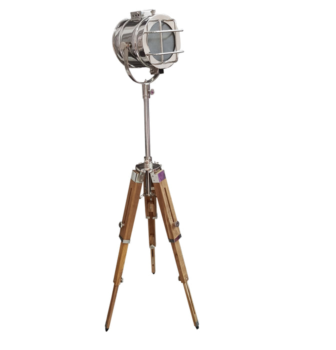 collectiblesBuy Antique Vintage Three Foldable Tripod Searchlight LED Floor Lamp Standing Lamp Marine Spotlight Wooden Stand