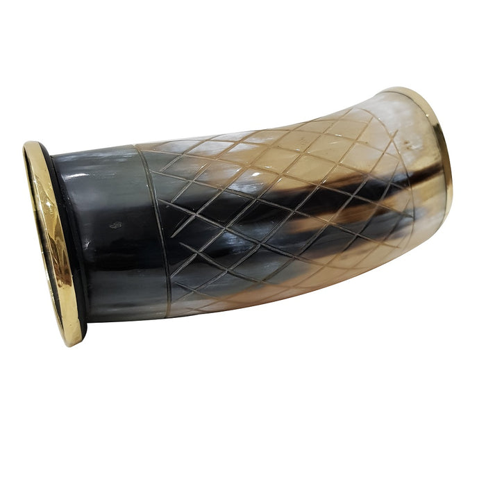 Vintage Viking Metal Rim Drinking Horn Thor Northman Carved beer glass mugs, 6 inch, Natural finish