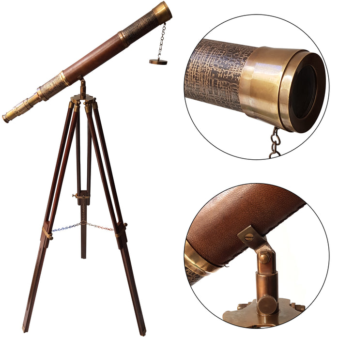 Antique Nautical Floor Standing Brass Telescope Brown Leather Wooden Adjustable Marine Scope