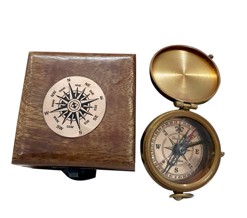 Antique Brass Compass Functional Direction Sailor Article Brown Wood Royal Box Compasses