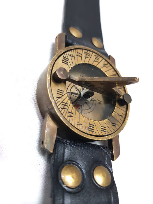Vintage Antique Sundial Compass with Leather Band Retro Watch Compass Nautical Comfort Wear Handmade Article Camping Compass, Boating Compass, Gift Compass