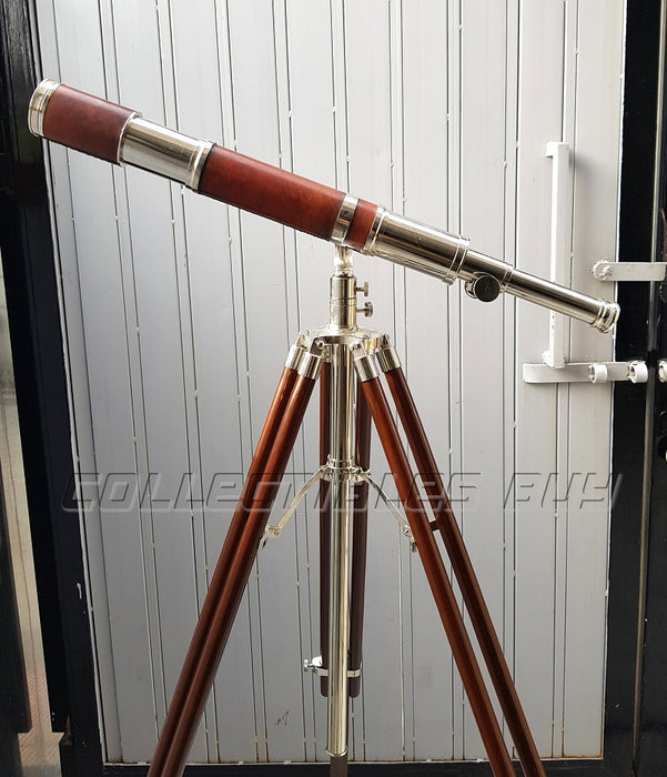 High Magnification Tube Telescope Brown and Nickel Finish Royal Handmade Authentic Design Solid Wood Tripod Antique