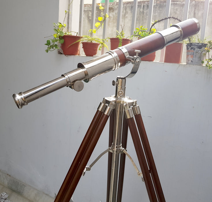 High Magnification Tube Telescope Brown and Nickel Finish Royal Handmade Authentic Design Solid Wood Tripod Antique