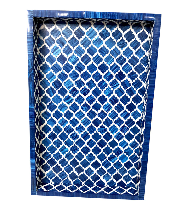 Handmade Damask Blue & White All Purpose Serving Tray Bone Inlay Moorish Moroccan Tray Designer Royal Trays Home Decorative … (Blue)