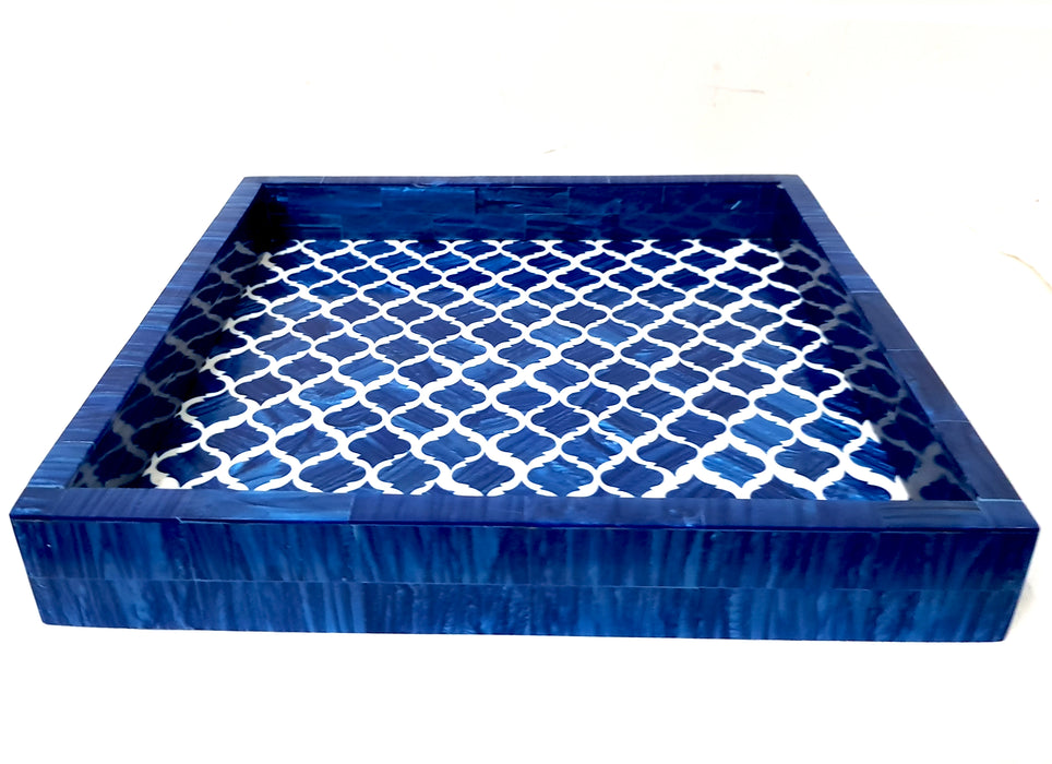 Vintage Square Blue Tray Bone Exotic Designer Handmade Tray Kitchen Usage Coffee Table Top Drinks Serve Trays ,12X12, Blue & White