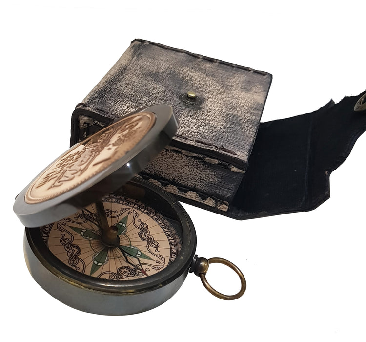 Antique Marine Vintage Copper Leather case Magnetic Compass Directional Camping Travelling Ornamental Metal Compass Leather case