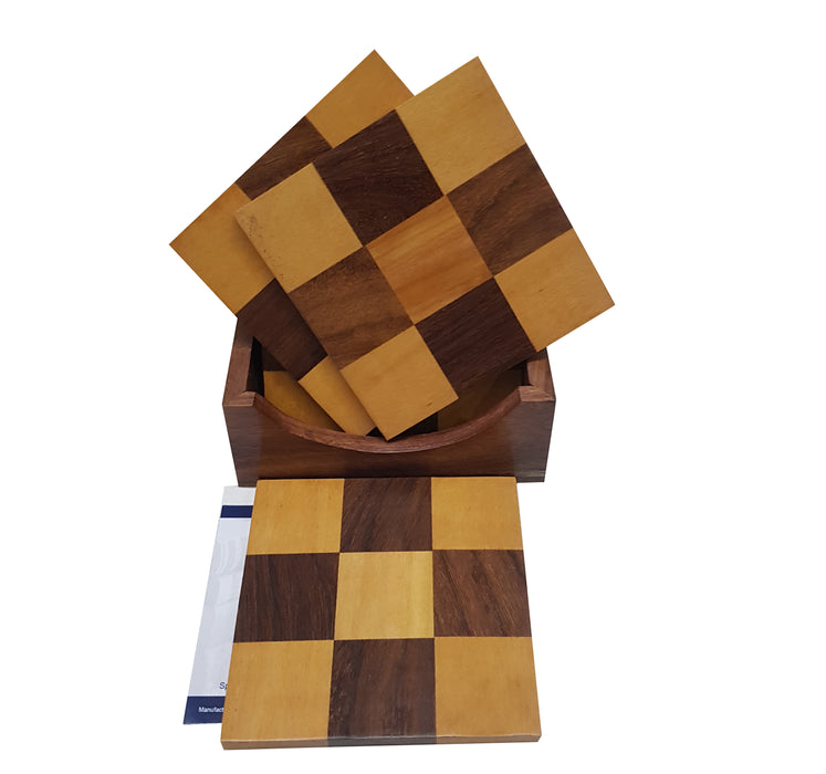 Chess Design Cup Coasters with Holder Square Shape Coasters Handmade Drinks & Coffee Coasters Light and Dark Brown Color Office Table décor Solid and Durable Wood