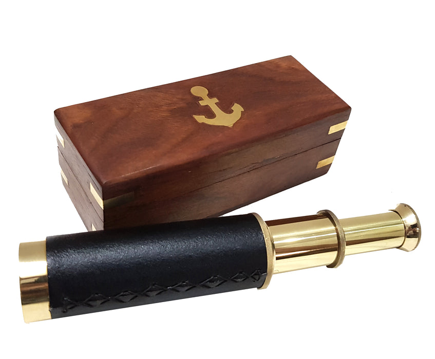 Vintage Marine Ship Telescope with Brown Anchor Wooden Box Home Decorative Nautical Antique Spyglass, 10 inch