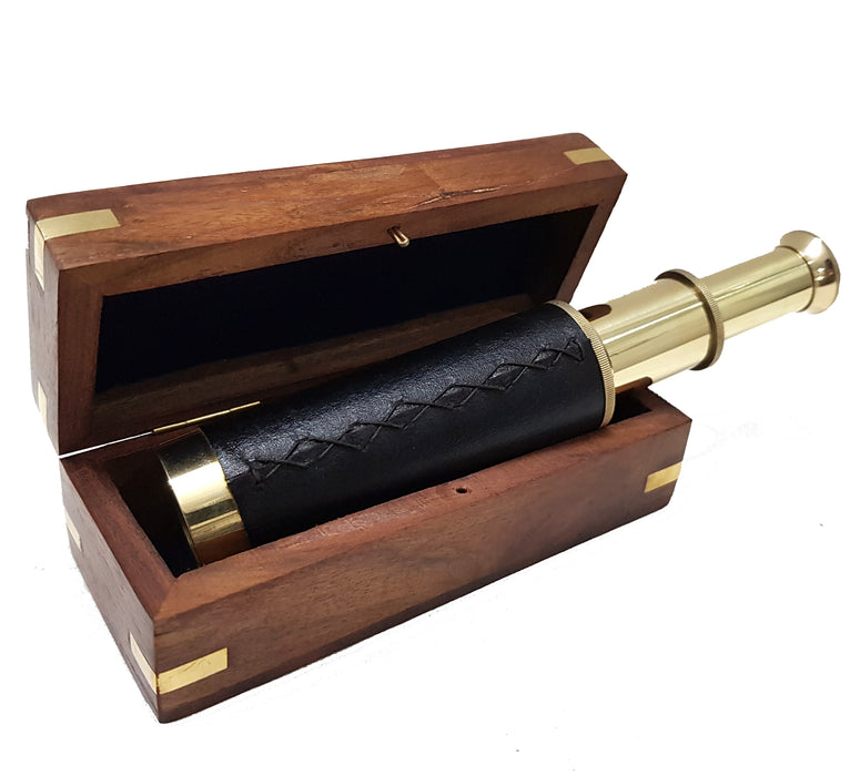 Vintage Marine Ship Telescope with Brown Anchor Wooden Box Home Decorative Nautical Antique Spyglass, 10 inch