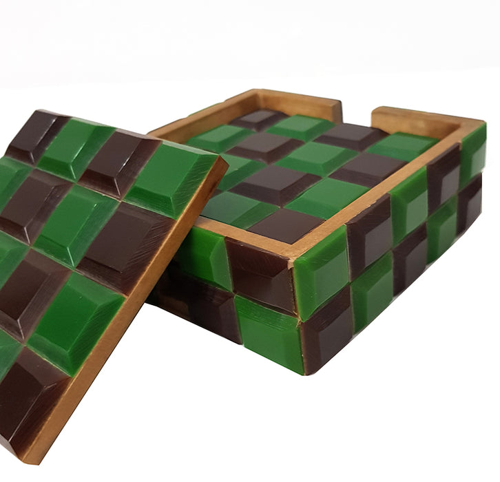 Vintage Square Resin Tea/Coffee Coasters Handcrafted Home Office Décor Accessory Set of 4, 4 X 4 inch, Green Checkered Square Shape with Holder Wooden Coasters