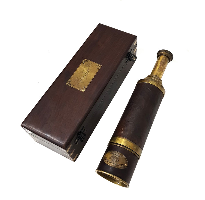 Handmade Vintage Collectible Wooden Box Kelvin & Hughes London 1917 Antique Brass Leather Telescope Nautical Functional Handheld Pirate Spyglass Telescope with Wooden Box