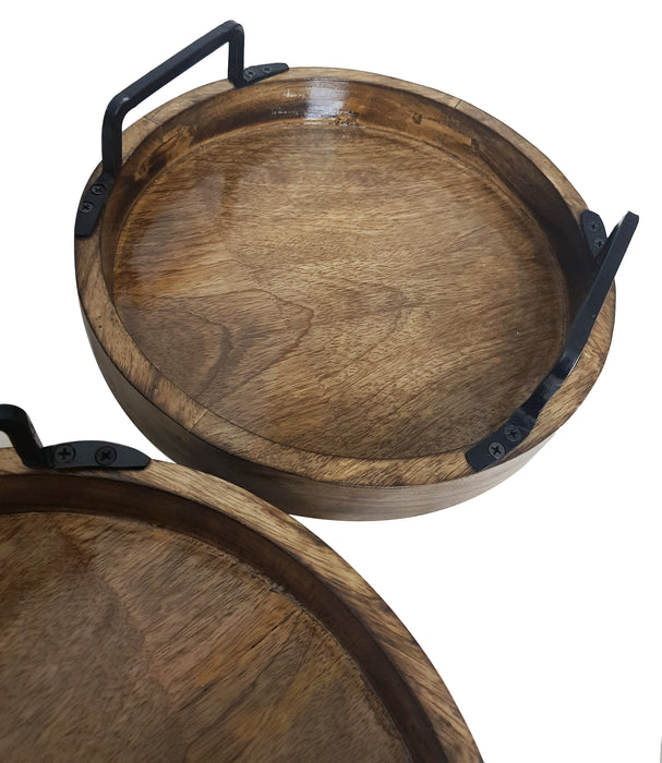 Handcrafted Rustic Wooden Round Serving Trays Round With Galvanized Handles Brown Set of 2