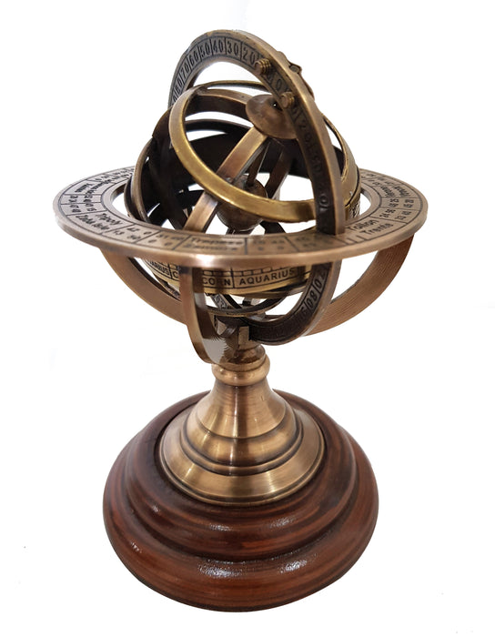 Engraved Brass Tabletop Armillary Sphere Globe Clock Spherical Astrolabe Vintage Compass