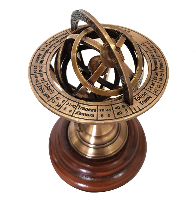 Engraved Brass Tabletop Armillary Sphere Globe Clock Spherical Astrolabe Vintage Compass